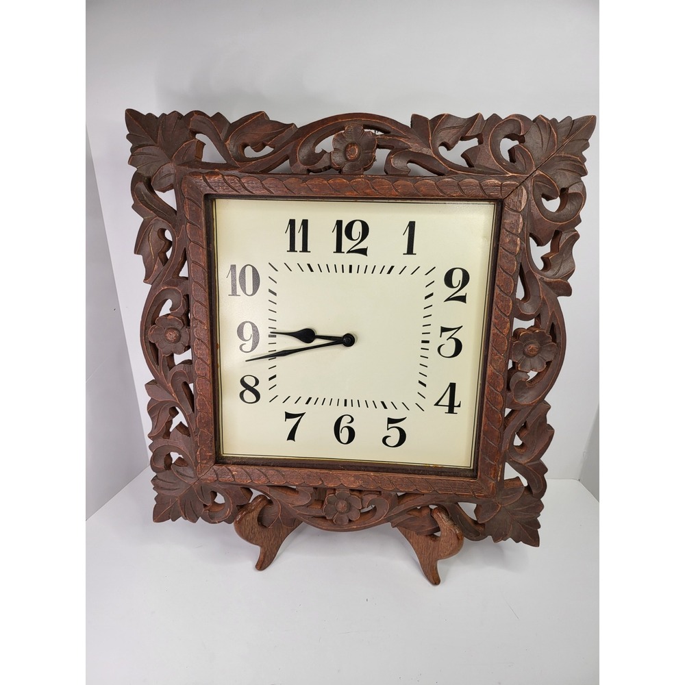 SAS Living Hand Carved Wood Wall Clock Floral Openwork Square Brown 16.5in